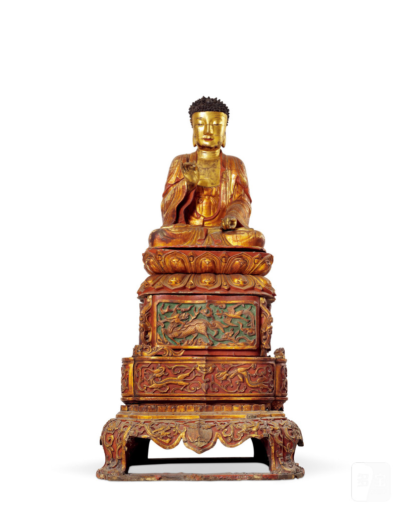 清·木胎漆金释迦坐像连座 - 图1